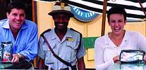 Left to right: Kevin Norwitz, managing director, Aluvin; Daniel Moremi, Gary Player Country Club security and Yvette Olivier, admin controller Sun City Security, showing the Envopak re-usable security pouches